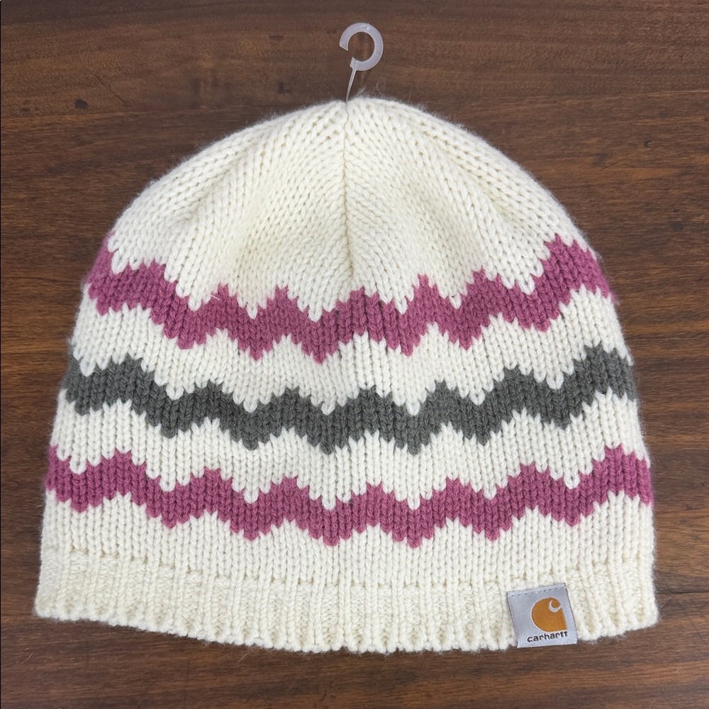 CARHARTT Women's Zig Zag Knit Lined Beanie Winter Hat OSFA Cream/Pink-Gray NWOT